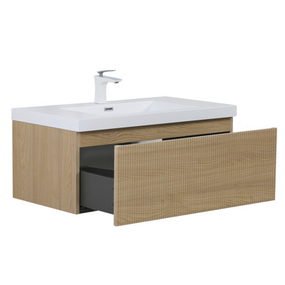36 in. Modern Wall-Mounted Floating Bathroom Vanity in Natural Oak with Glossy White Stone Resin Top