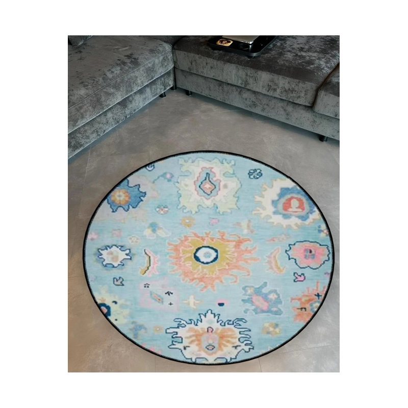 Blue Theme Ethnic Motif Patterned Round Woven Base Vintage Decorative Carpet, Round 2'8"