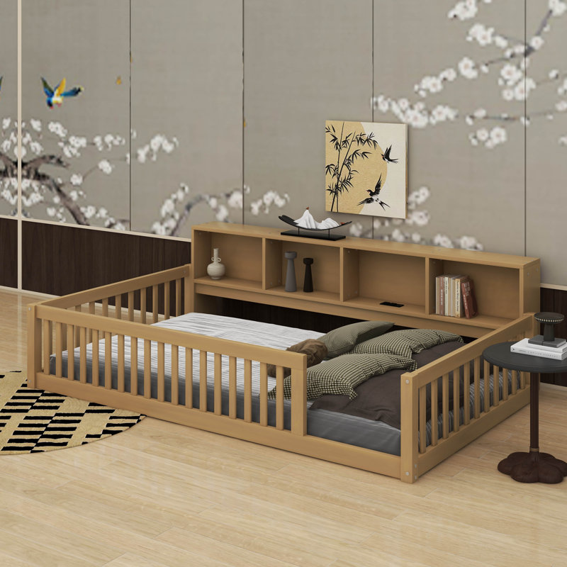 Lit en bois simple TG avec armoires et port USB, Brun