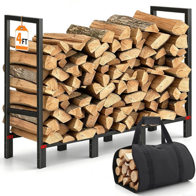 4FT Firewood Rack Indoor Outdoor with Log Carrier, Firewood Log Rack Holder with 4 Reinforced Metal Sheets for Fireplace Wood Storage, Heavy Duty Metal Pile Log Stand Stacker Holder for Patio Outdoor