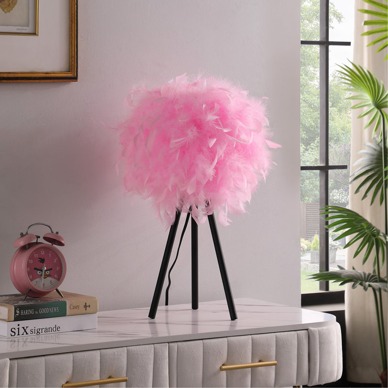 Lampe de table moderne en métal 20,5 po à abat-jour en plumes rose chaud, Noir, Rose