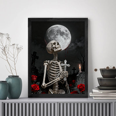 Reproduction d'art encadrée noire rétro crâne gothique foncé