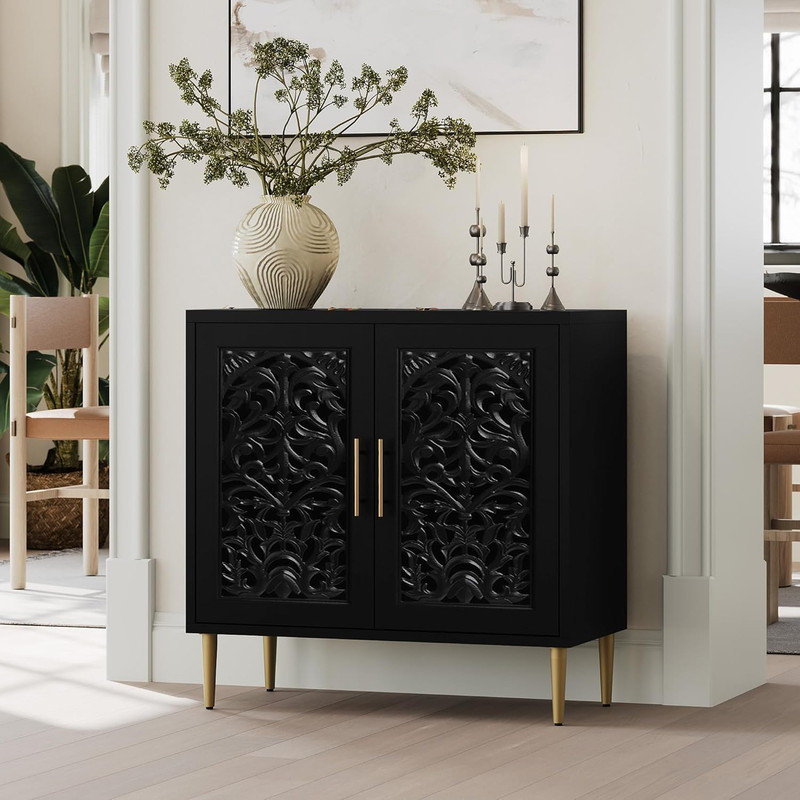 Black Hollow Carved 2-Door Vintage Accent Cabinet