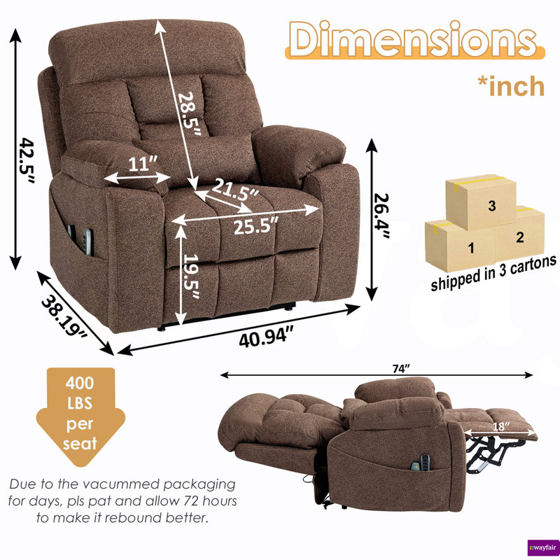 Ilkeston 40.94"W Recliner chair (180°Reclining), Brown