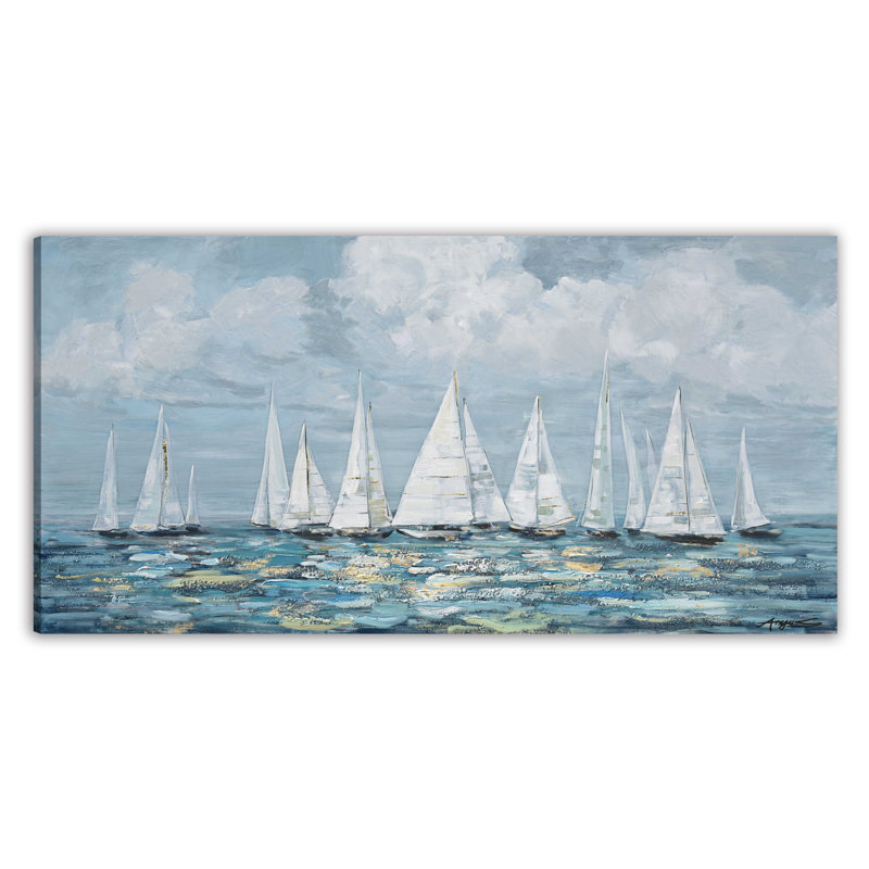  Art mural moderne sur toile voilier côtier moderne, peinture océan bleu, grande décoration murale horizontale