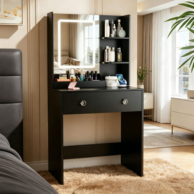 23.6" Modern Black Makeup Vanity Desk with LED Lighted Mirror & Built-in Charging Station, 2-in-1 Large Storage Drawers & 3 Open Storage Shelves, Bedroom Dressing Table with Crystal Knobs
