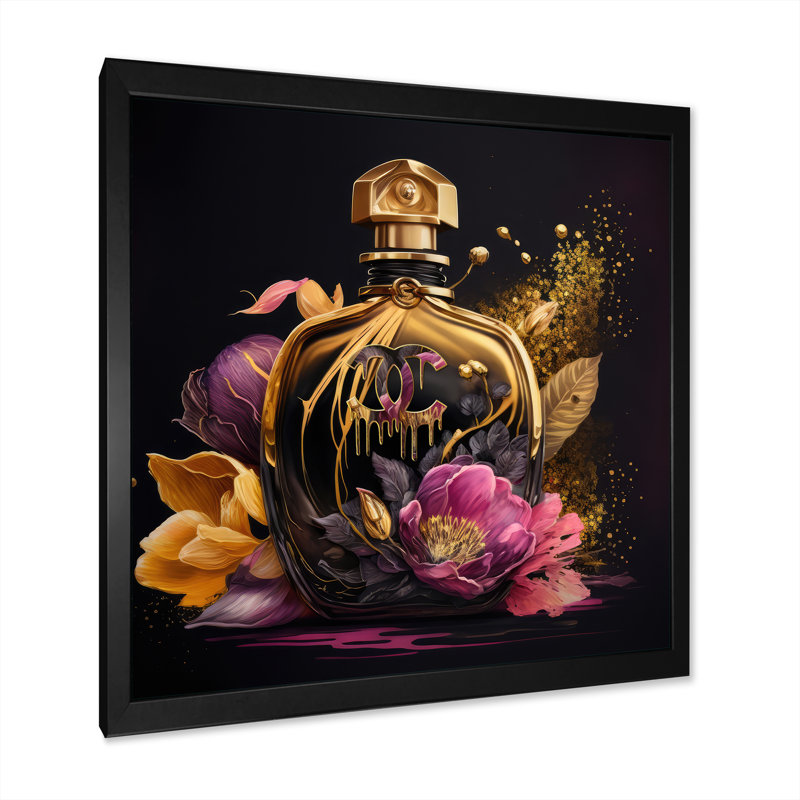 «Chic Black and Gold Perfume Bottle III», impression sur toile, Impression noire sur toile encadrée