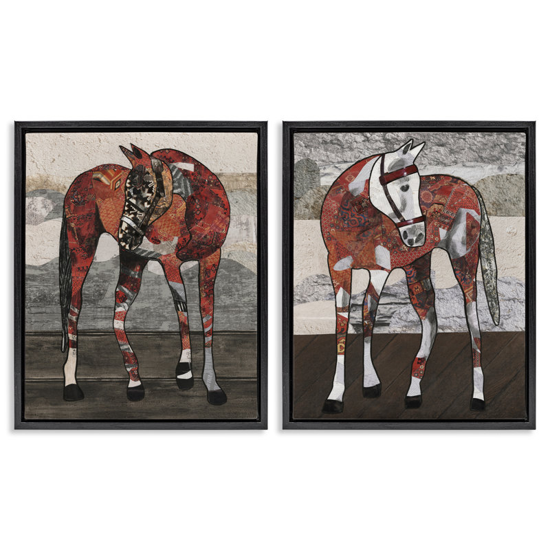 «Abstract Patchwork Horses», ensemble de 2 toiles flottantes encadrées par Coco Good, Cadre flottant noir de jais