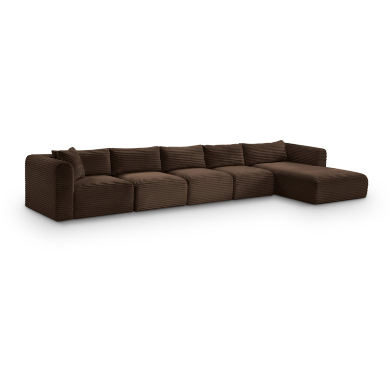 Canapé modulaire en L Carmean Performance, Velours côtelé texturé brun, 3 sans accoudoirs, 1 méridienne, 1 coin