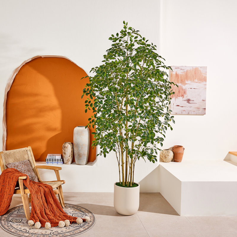 Ficus artificiel de 8 pi dans un pot à fleurs blanc crème, faux banian Real-Touch multi-troncs, 96