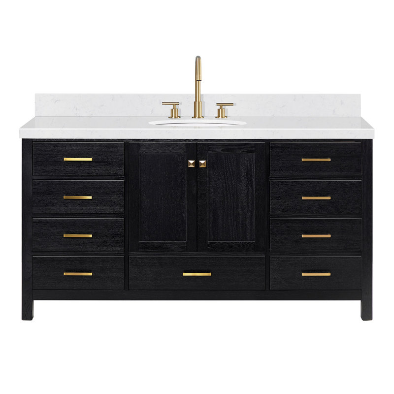 Ensemble de meuble-lavabo simple 66,25 po avec plateau en quartz Amariani, Oval, Chêne noir