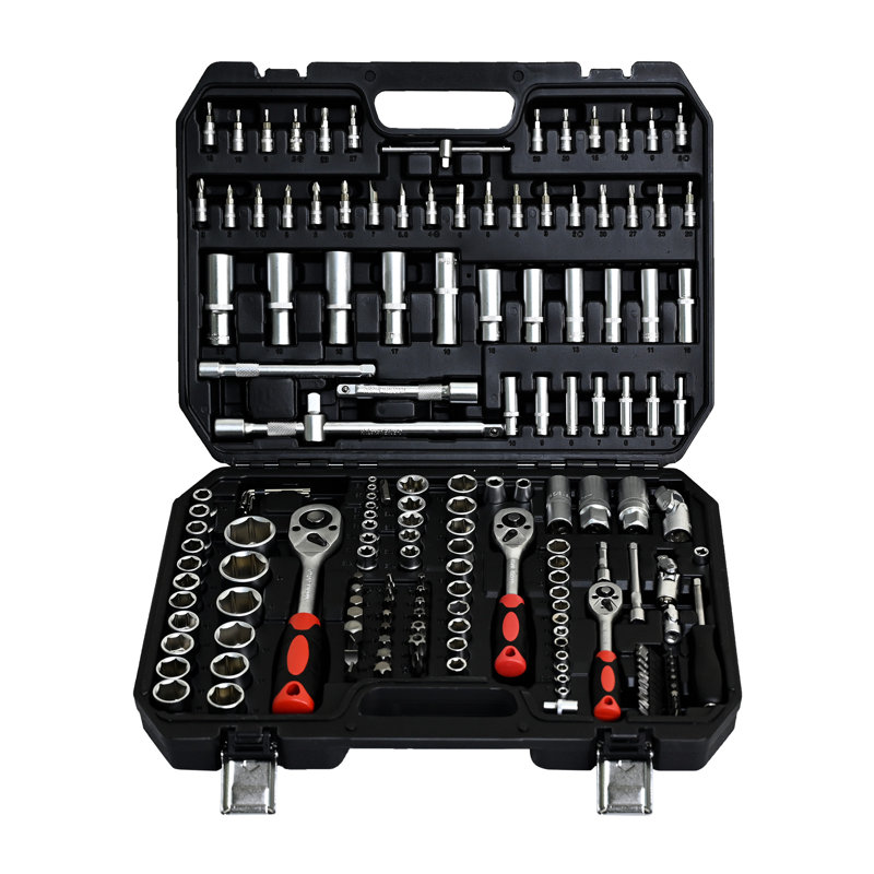 171 pièces Boîte à outils avec douille et clé à cliquet, acier au carbone noir, pour travaux de garage, serrure, clé à boîte à outils portable, outils en acier dans la boîte à outils, réparation de voiture, garages de mécanicien
