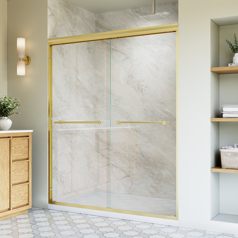 Porte de douche coulissante encadrée de 142-152 cm (L) x 183 cm (H) avec verre trempé transparent de 6 mm et double poignée, fini or brossé
