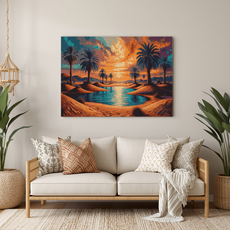 Art mural en métal Sci Fi Desert oasis palmiers mauve, H 132 po x l 168 po x P 0,05 po