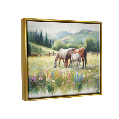 Horses in Spring Meadow Gold Framed Floater Canvas Wall Art by Ramona Murdock