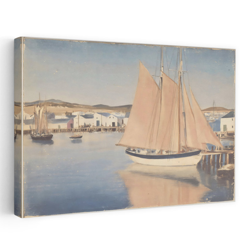 Voilier au quai, impression d'art traditionnel côtier serein, architecture tranquille, 40" H x 60" W