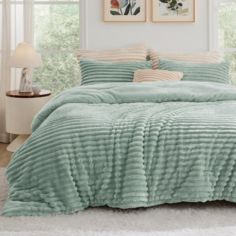 Ensemble d'édredon en fausse fourrure très douce, Vert sauge, Édredon grand + 2 taies d'oreiller standard