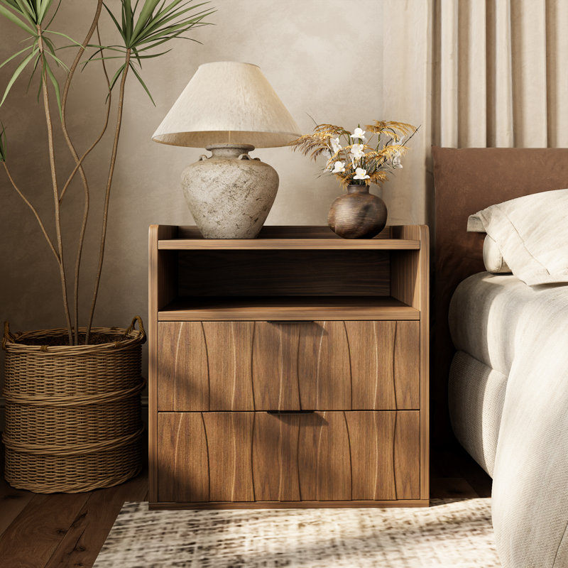 Mid Century Modern Wood 2 Drawer Nightstand With Storage (Set Of 2),  Set of 2
