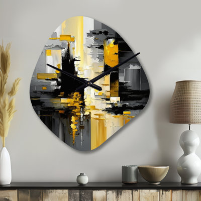 Abstrait géométrique noir et jaune en forme de V - horloge murale de forme unique en métal, impression d'horloge murale moderne de forme libre
