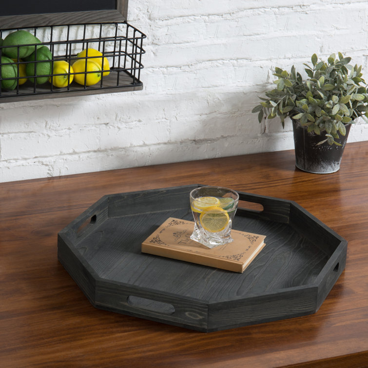 12 Inch Acacia Wood Octagonal Serving Tray, Octagon Shaped Coffee Table  Tray with Cutout Handles