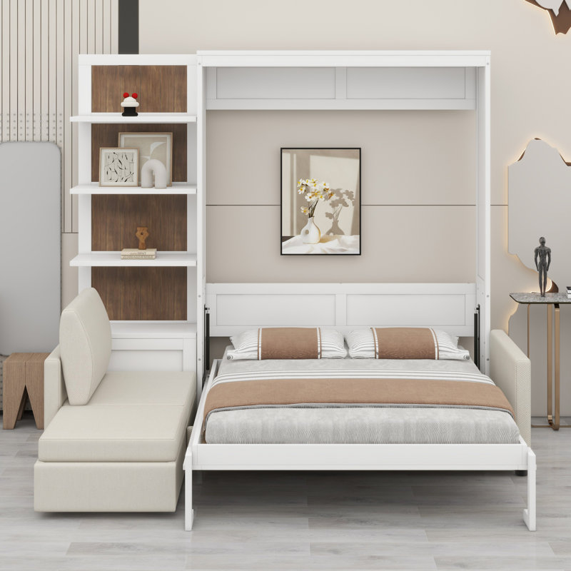 Murphy Bed Wall Bed With Sofa And Shelves, White