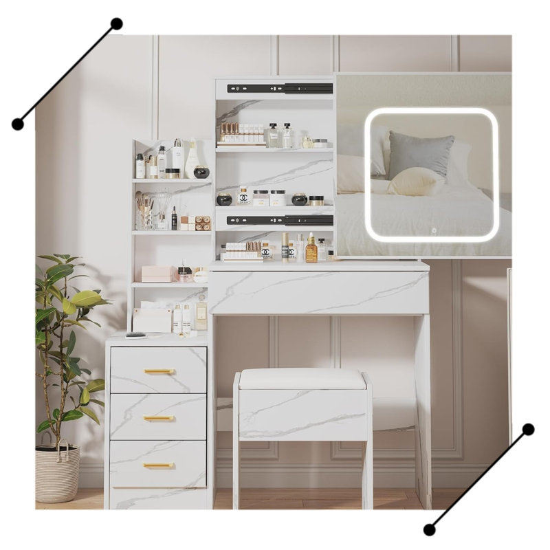 Bureau de coiffeuse avec miroir et lumières DEL, Blanc