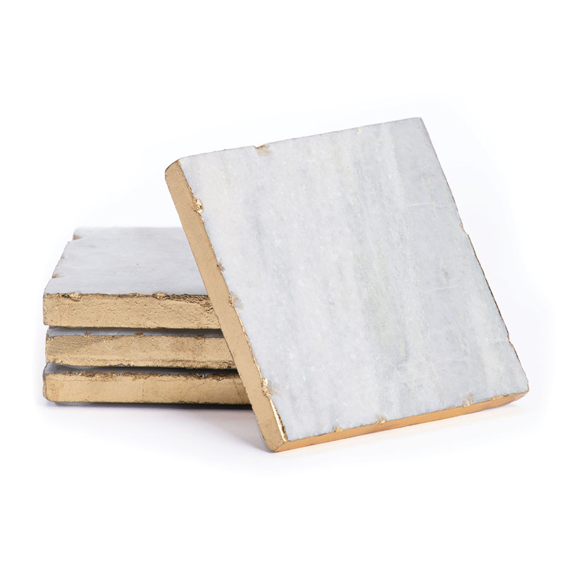 Providence Natural White Marble Coasters with Edges, Gold