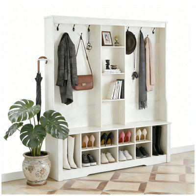 Hall Tree with Bench and Shoe Storage, 3-in-1Entryway Bench with Coat Rack, Hall Tree withAdjustable Shoe Storage and Hanging Hooks, White