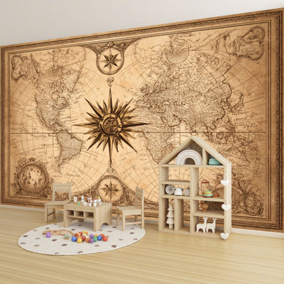 Peel and Stick Wallpaper 96" L x 69" W Modern Self Adhesive Wall Mural for Bedroom - With Vintage World Map Compass Rose Antique Nautical Navigation Sepia Tones Print