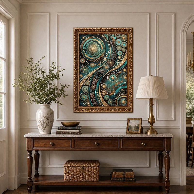 Tableau sur toile à motif géométrique en spirale or et turquoise, H 24 po x l 16 po