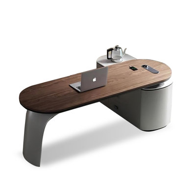 Bureau en bois manufacturé en forme de L brun noyer + gris clair + pierre frittée avec 3 tiroirs