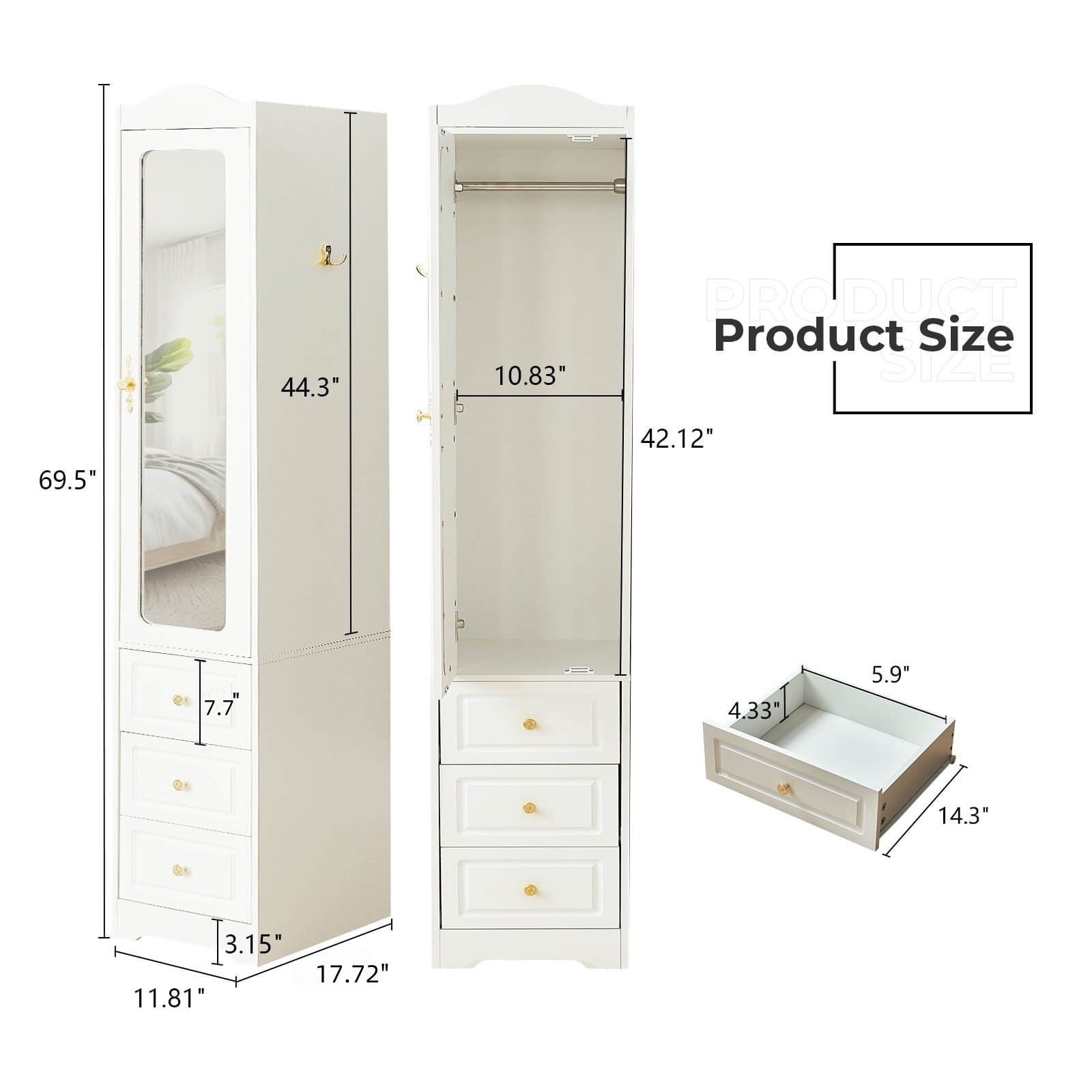 Yerai Armoires Wardrobe Closet & Wardrobe Cabinet with 3 Drawers and Mirror & Storage Cabinet With Hanging Rod & Sensor Light
