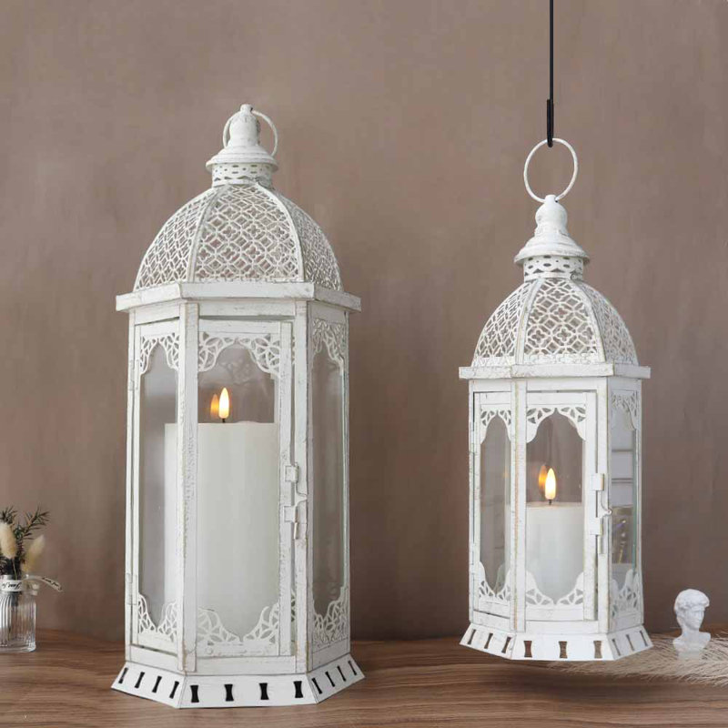 Set of 2 Outdoor Candle Lanterns 22"&17" H Decorative Vintage Metal, White