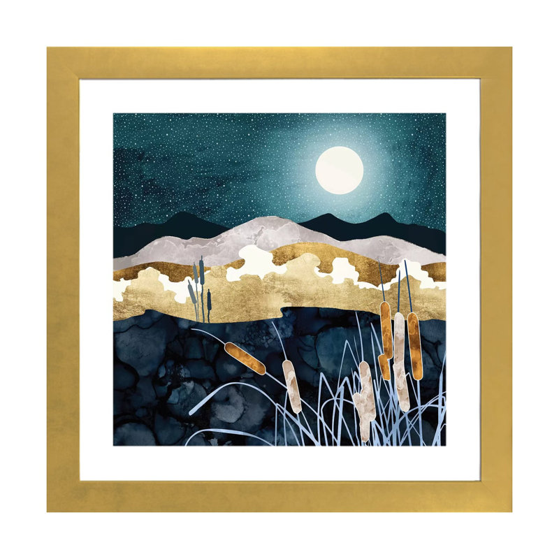Summer Lake - impression d'art graphique, Papier encadré doré, Blanc, H 16 po x l 16 po x p 1 po