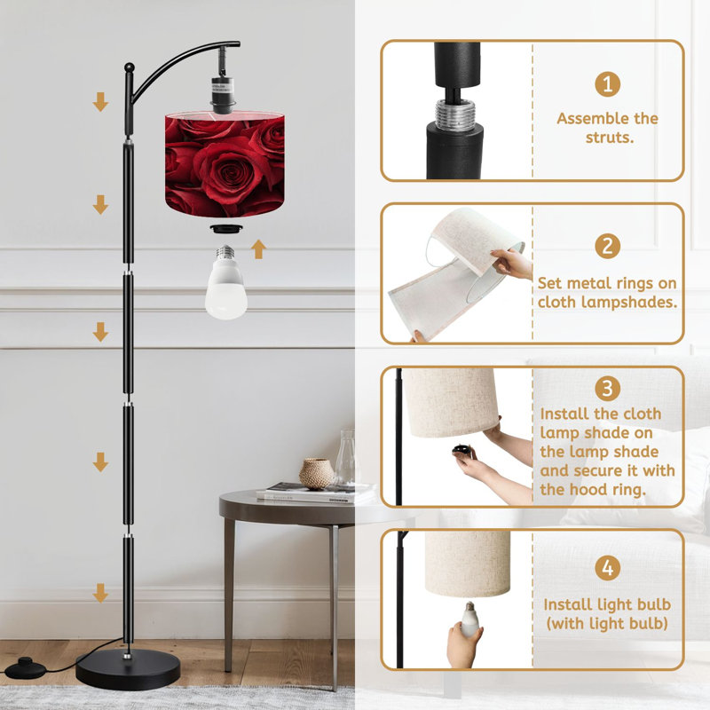  Arc Floor Lamp Close up red roses Tall Modern Standing Lamp LED Adjustable Linen Lampshade 3 Color Temperatures