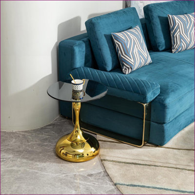 Table basse ronde pour petits salons, plateau en verre trempé avec finition en métal doré, peu encombrant Assemblage facile