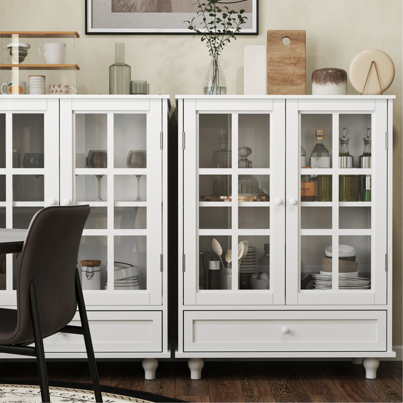 Armoire de rangement minimaliste avec portes doubles en verre, 1 tiroir et tablette réglable, White