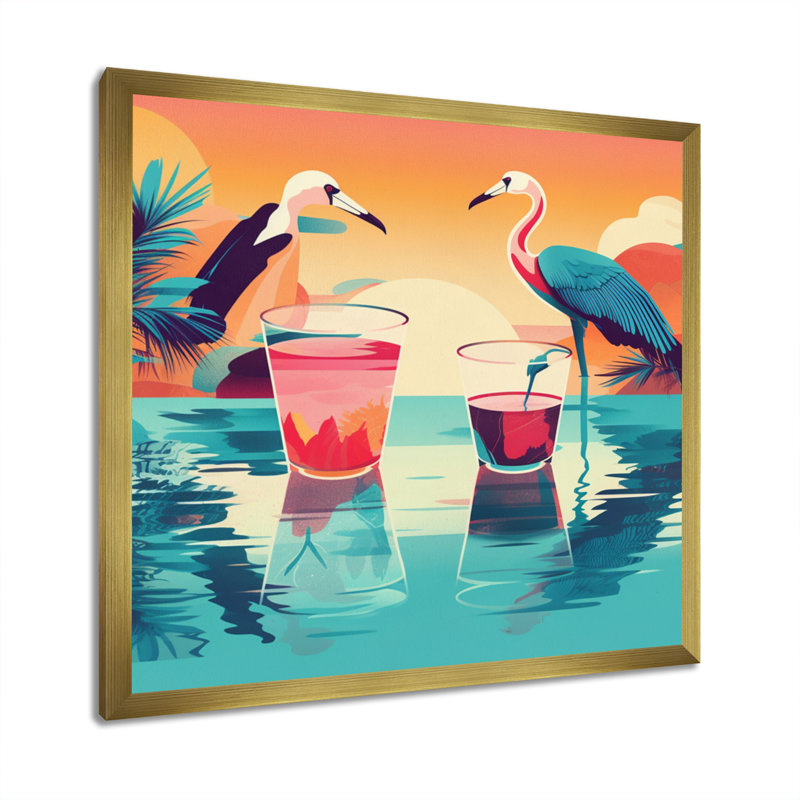 Flamants bleus et roses dans la mer au coucher du soleil sur toile, H 24 po x l 24 po x P 1 po, Cadre flottant doré