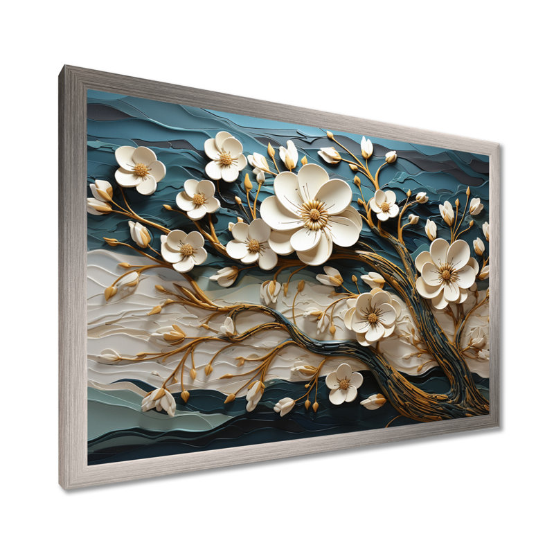Blanc et or, charmante fleur printanière, élégance III - fleurs, art mural, Cadre de coin fermé argenté