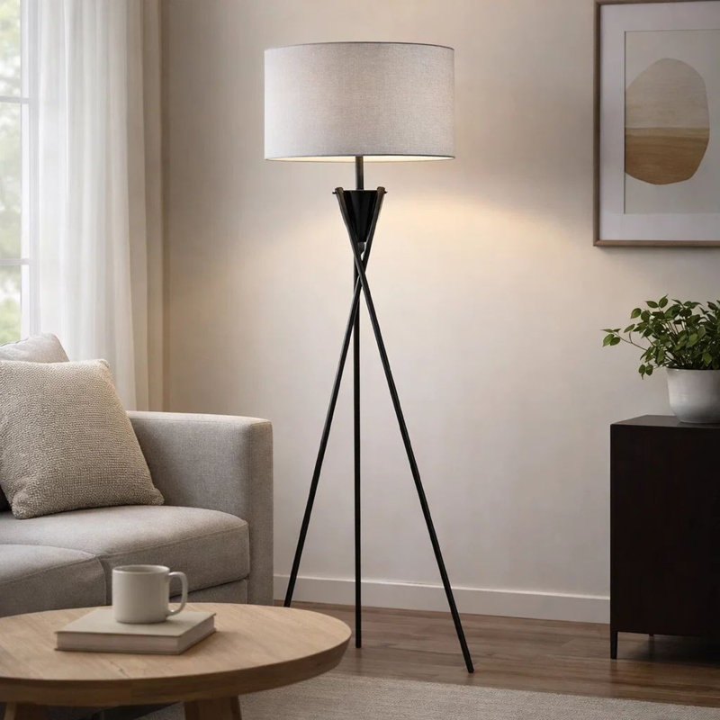 Lampe sur pied avec abat-jour tambour beige, base trépied en métal bronze 65 po