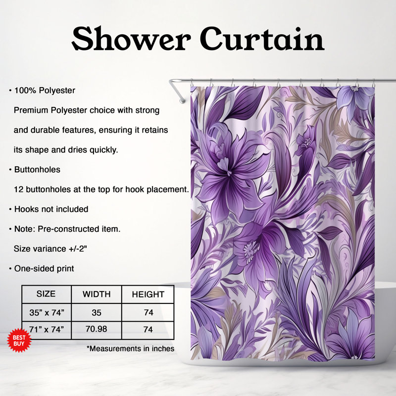 Rideau de douche 1 pièce Elegant Petals, H 74 po x l 71 po
