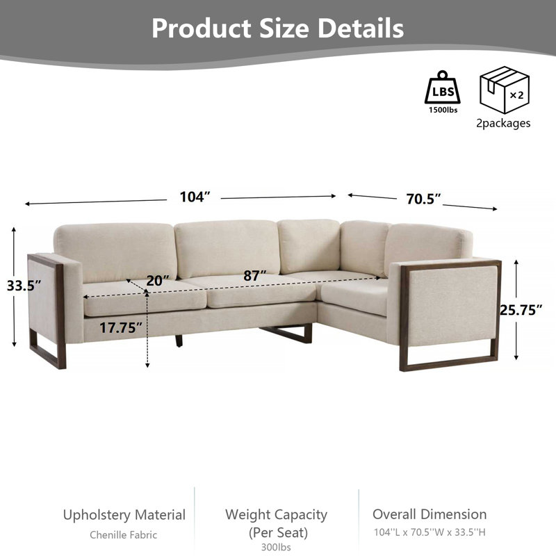 Canapé modulaire en L de 104 po avec accoudoirs carrés, canapé en tissu de chenille 2 pièces avec structure en bois massif et coussins à ressorts, canapé 5 places moderne pour le salon