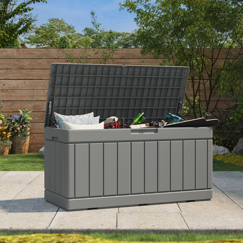 Gray 90 Gallon Lockable Plastic Deck Storage Box