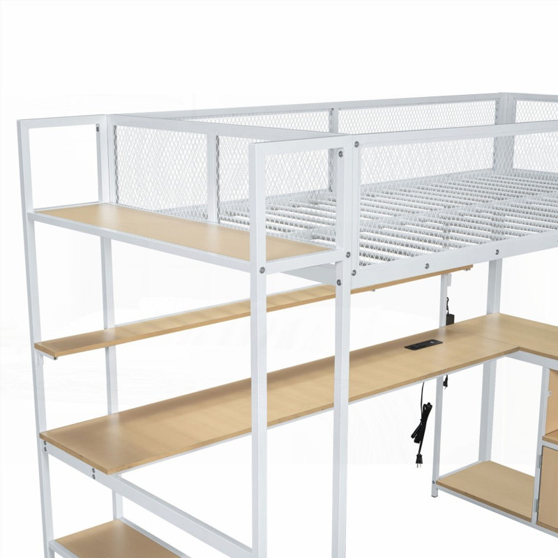 Lit mezzanine simple en métal avec poste de travail intégré, aucun sommier requis, rangement spacieux et éclairage DEL, Blanc