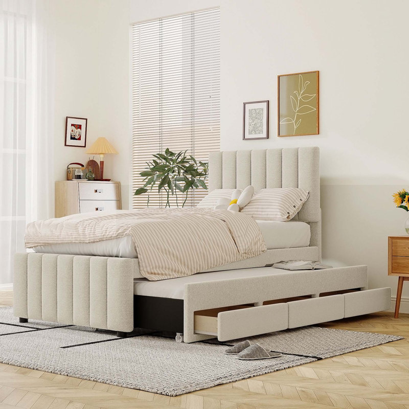 Lit rembourré 3 tiroirs avec lit gigogne, Beige, Simple