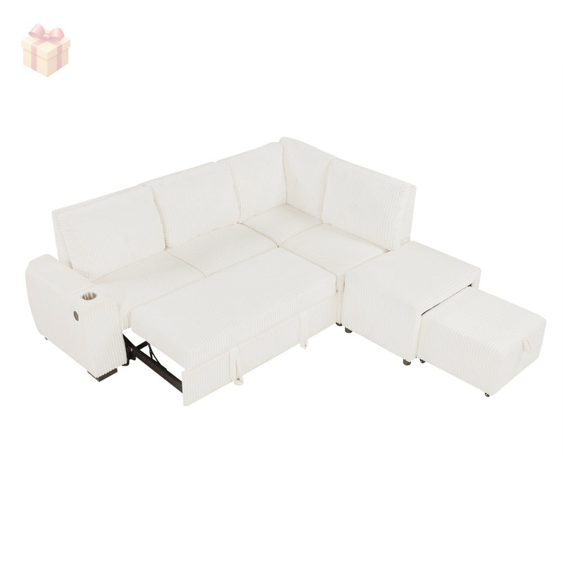 Versatile Corduroy Upholstered Sectional Sofa Bed with Quick Conversion, Large Storage, and USB Ports for Modern Living