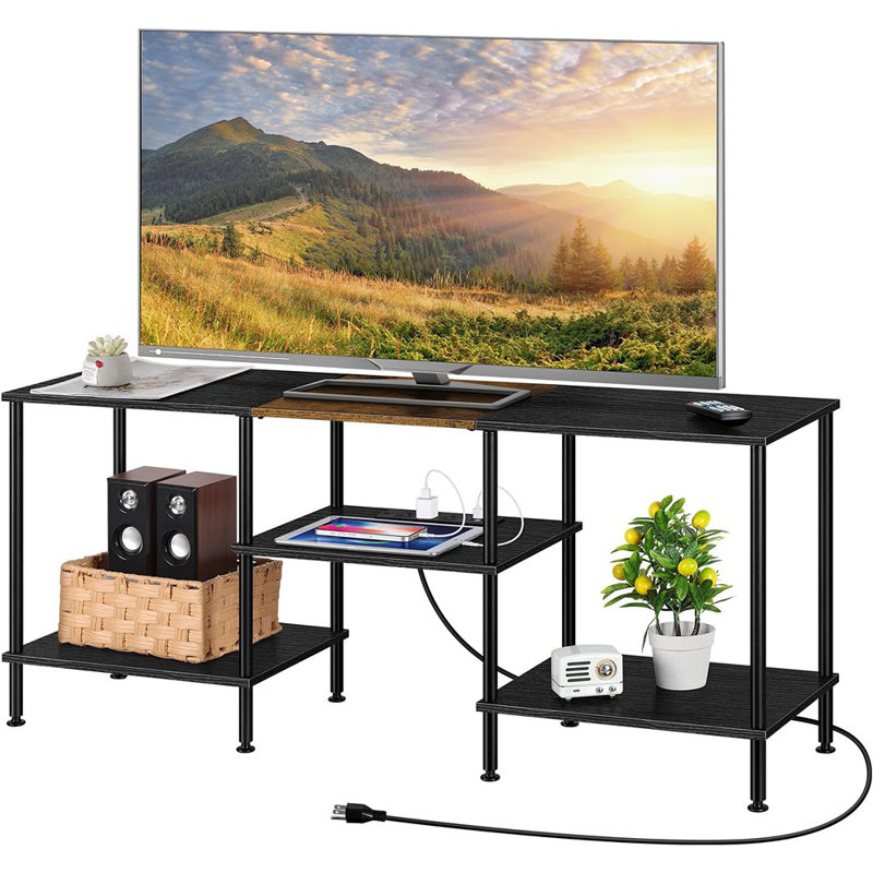 Black Bedroom Tv Stand With Storage Cabinet Up To 50 Inch Tv, Small Tv Console Table With Power Outlets 45 Inch Media Entertainment Center