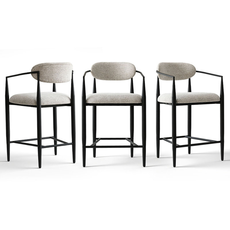 Tabouret de bar 25,5 po à hauteur de comptoir rembourré avec accoudoirs et repose-pieds, Beige