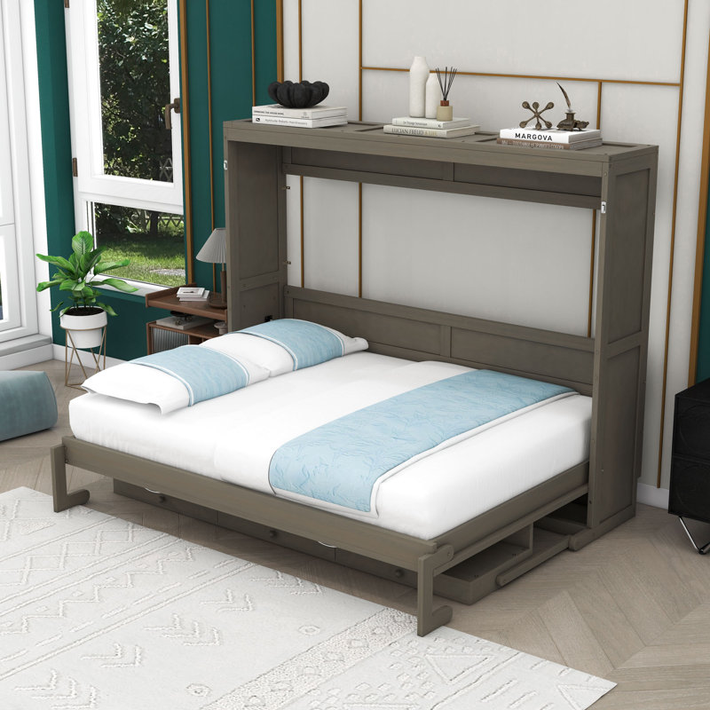 Grand lit escamotable avec coiffeuse, miroir central et 2 tiroirs, gris