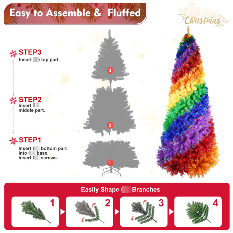 Arbre de Noël artificiel de 7,5 pi dans des branches colorées de 1825 pointes, un design en spirale, un support en métal, un présentoir complet et festif, un arc-en-ciel facile à assembler et à ranger